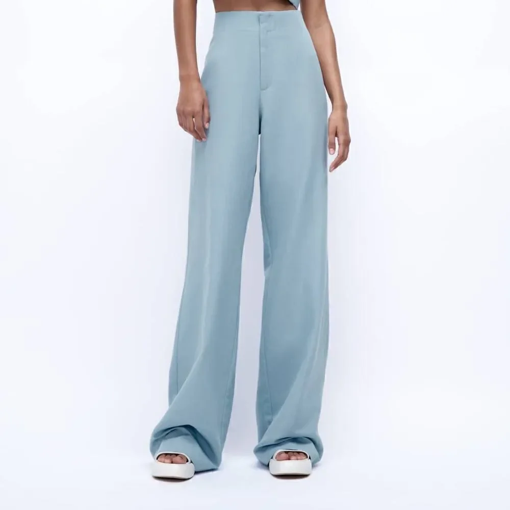FULL LENGTH LINEN BLEND PANTS MID-BLUE NEW